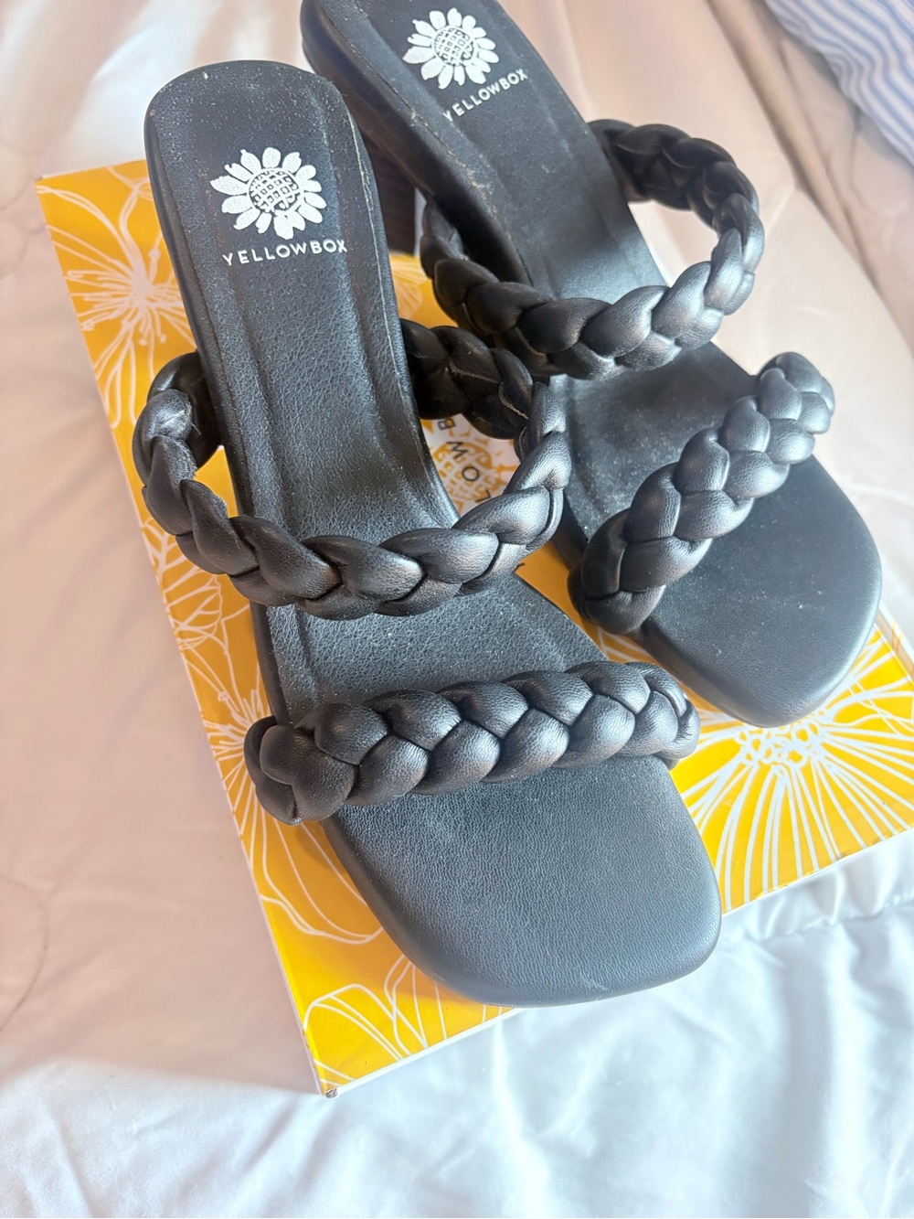 Yellow Box Braided Double-Strap Black Slide Heels